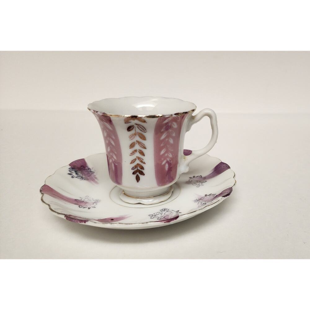Vintage Early 19th Century White, Purple Gold Trim Teacups and Saucers